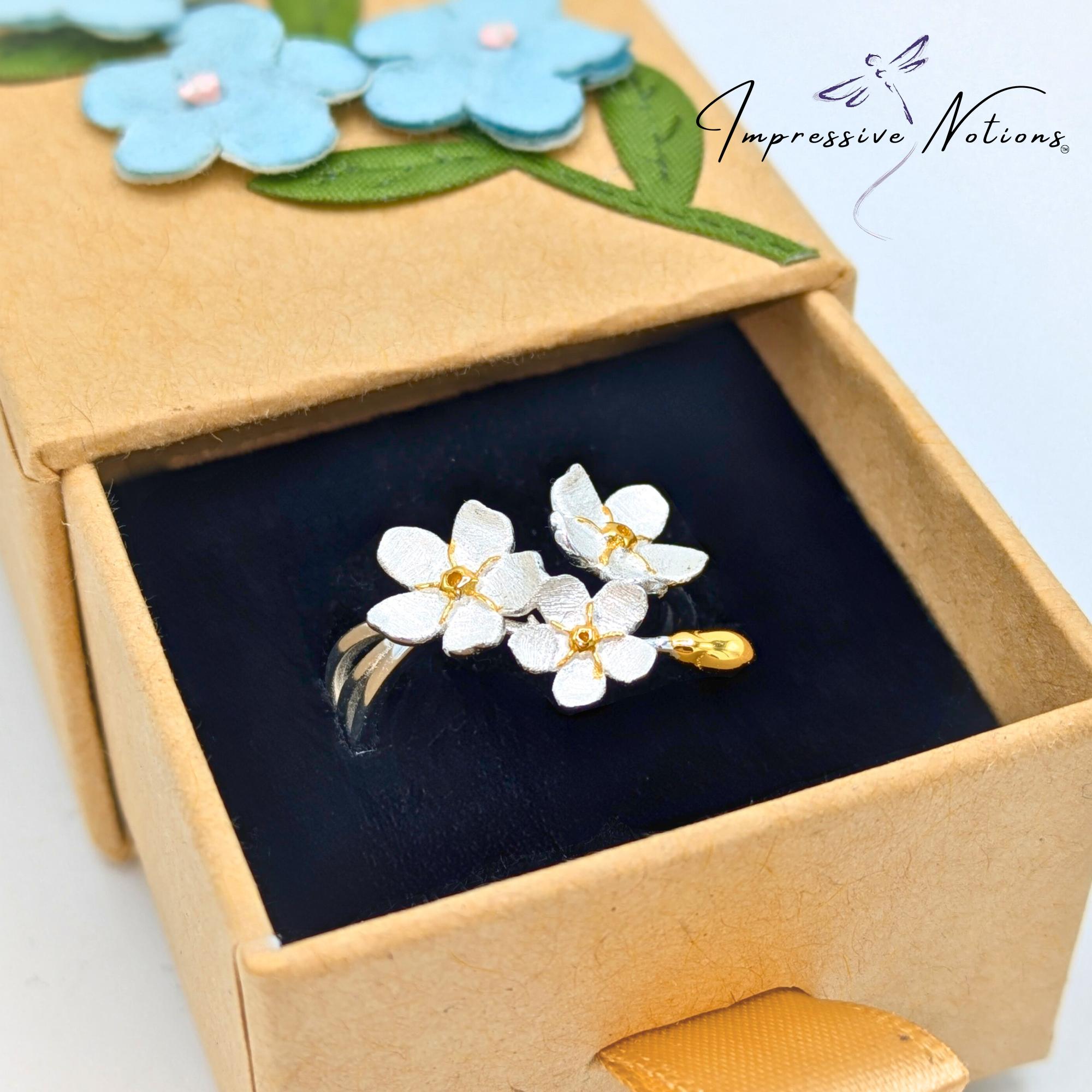 Adjustable 925 Sterling Silver/18k Gold Forget Me Not Ring w/Flower Gift Box.One-Size Floral Branch Statement Nature Jewelry Present for Her
