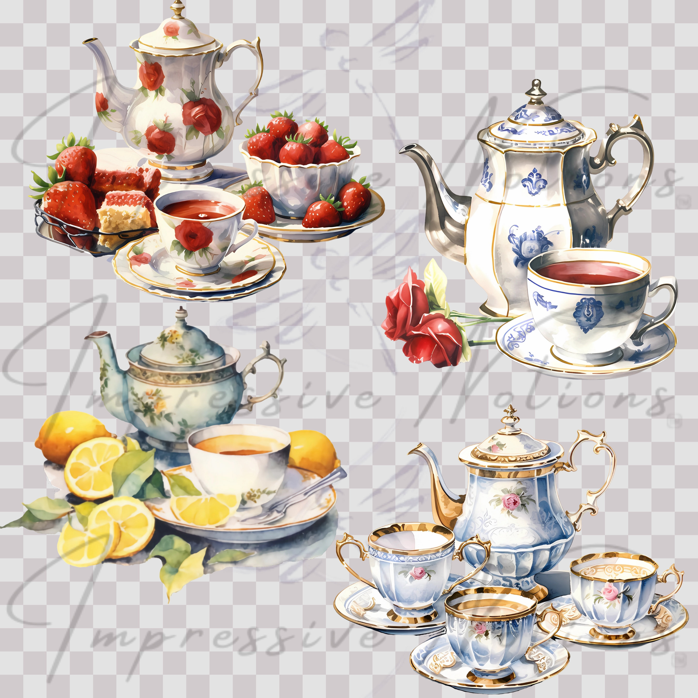 Spring Tea Service Watercolor Clipart Elements, Tea Party Settings ...