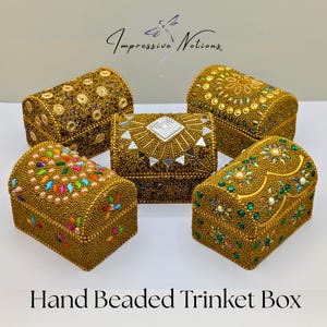 Small Beaded Trinket Box. Mini Gold Treasure Chest Christmas Ornament. Ring/Money/Jewelry Holder Gift for Her. Bejeweled Keepsake Present