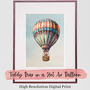 Hot Air Balloon with a Teddy Bear Printable Wall Art. Vintage-Style Boho Neutral Digital Download For Baby Nursery, Boy/Girl Child's Bedroom