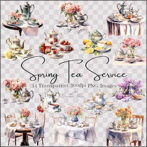 Spring Tea Service Aquarel Clipart Elementen, Tea Party Instellingen Transparante Digitale PNG Download Bundel, Theepot Theekopje Set Commercieel Gebruik