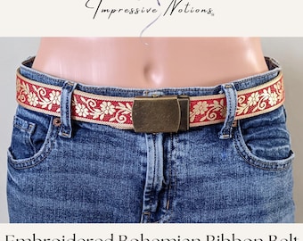 Bohemian Jacquard Ribbon Belt. Fabric Floral Daisy Flower Patterned Boho Long Cotton Belt for Women Teen Girls Jeans/Adjustable Brass Buckle