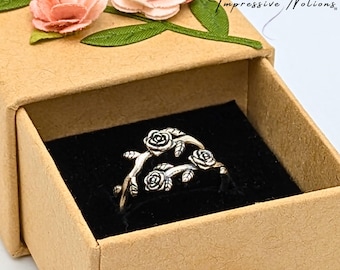Adjustable Sterling Silver 925 Roses & Vine Wrap Ring w/Flower Gift Box. Open One-Size Rose Branch Floral Statement Jewelry Present for Her