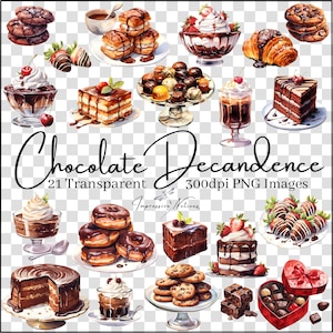 Chocolate Desserts Watercolor Clip Art Elements, Transparent Digital PNG Download Bundle for Valentines Day. Cake Sweets Pastries Ice Cream