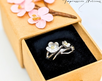 Adjustable Sterling Silver 925 Cherry Blossom Ring /Flower Gift Box. Cute One-Size Wrap Floral Branch Statement Art Jewelry Present for Her