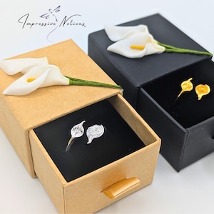 Anillo ajustable de cala en plata de ley 925/oro de 18 quilates. Flor de loto envolvente, talla única, con diseño floral, para joyería conmemorativa irlandesa, con caja de regalo.