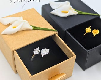 Adjustable Sterling Silver 925/18k Gold Calla Lily Ring. Wrap Around Lotus Flower One-Size Floral, For Irish Remembrance Jewelry w/Gift Box