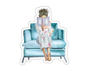 Pegatinas troqueladas de mujer leyendo en un sofá azul / Pegatina acogedora para amantes de los libros