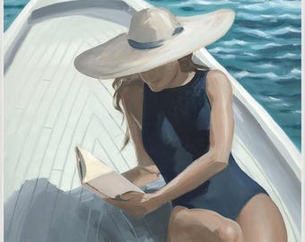 Lámina artística enmarcada "Lector tomando el sol" (Giclée) / Decoración costera