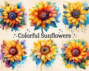 Aquarell Sonnenblume Clipart: buntes PNG Bündel (kommerzielle Nutzung)