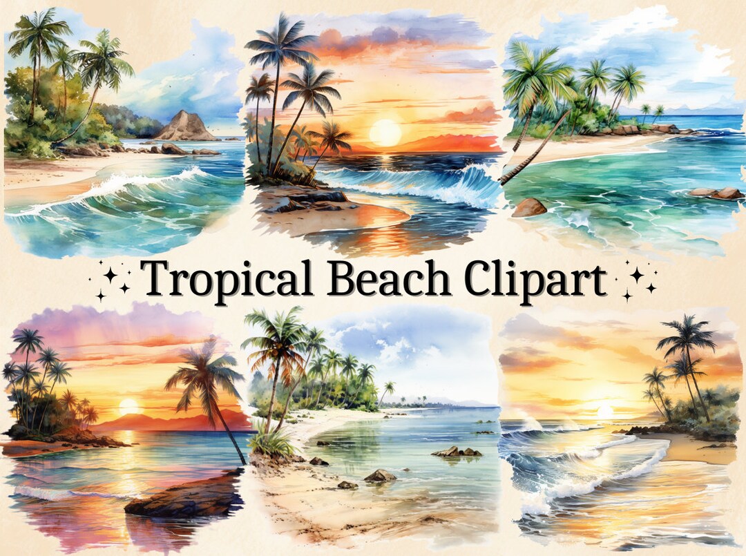 Watercolor Tropical Beach Clipart: Sunset & Sunrise PNG Bundle (digital ...