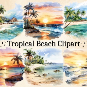 16 PNG acquerello spiaggia tropicale Clipart, ClipArt spiaggia estiva, Scenario di vacanza, Spiaggia dell'oceano, Tramonto tropicale, Alba mattutina, Pacchetto PNG
