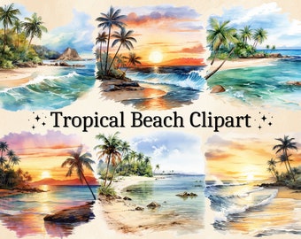 Akvarell tropisk strand Clipart: Solnedgång och soluppgång PNG-paket (digital nedladdning)