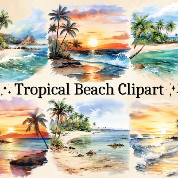 16 PNG Aquarell Tropical Beach Clipart, Sommer Strand Clip Art, Urlaubslandschaft, Ocean Beach, Tropischer Sonnenuntergang, Sonnenaufgang am Morgen, PNG Bundle