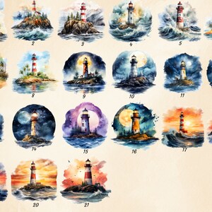 May include: A collection of 21 watercolor paintings featuring lighthouses in various settings, including seascapes, stormy seas, and moonlit nights.