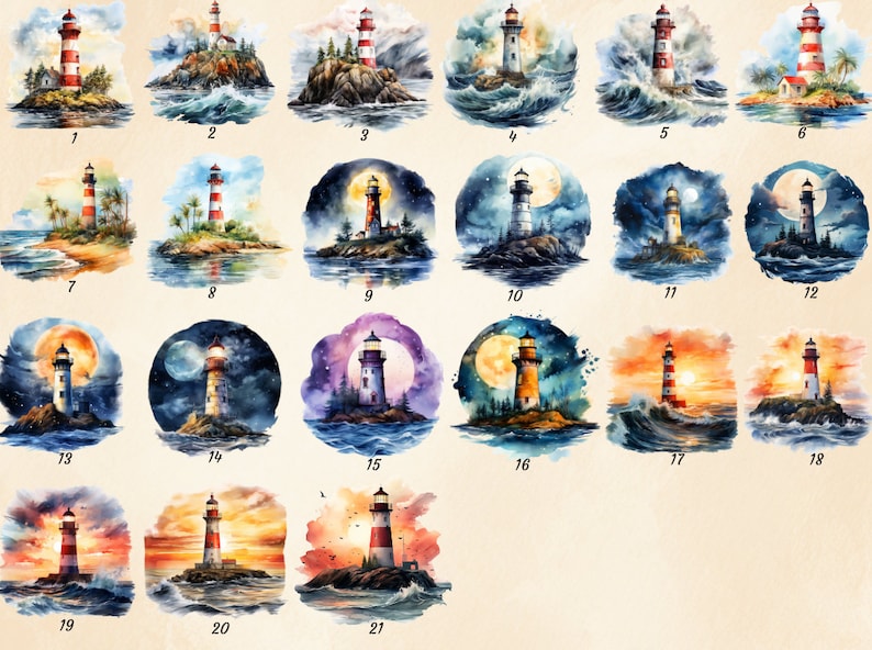 May include: A collection of 21 watercolor paintings featuring lighthouses in various settings, including seascapes, stormy seas, and moonlit nights.