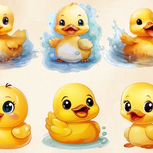 May include: Six yellow rubber ducklings with different expressions. The ducklings are in various poses, some are in water, some are on a white background.