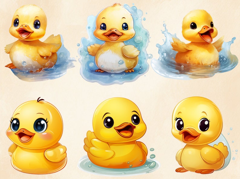 May include: Six yellow rubber ducklings with different expressions. The ducklings are in various poses, some are in water, some are on a white background.