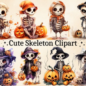 16 PNG Watercolor Cute Skeleton Clipart, Cute Halloween Clipart, Witch Clipart, October Clipart, Halloween Bundle, Instant Download