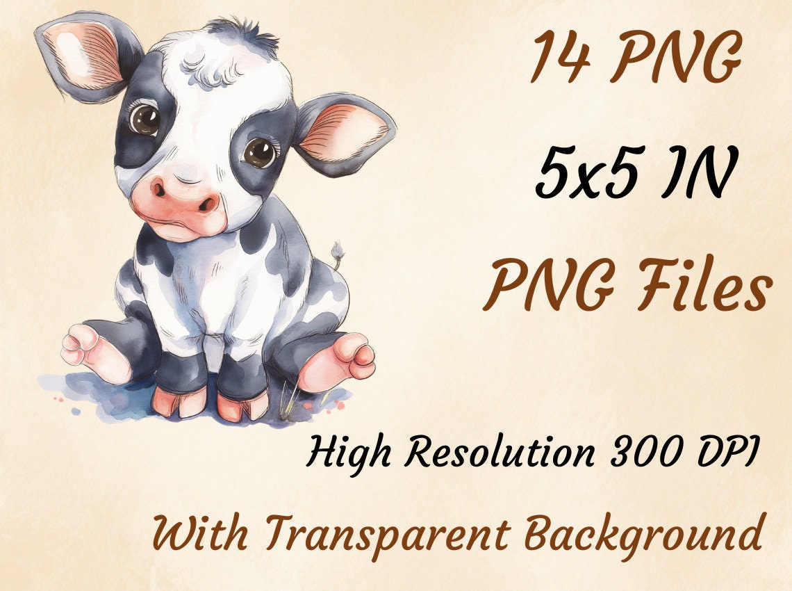 14 PNG Watercolor Baby Cow Clipart, Baby Animals, Cow PNG, Nursery ...