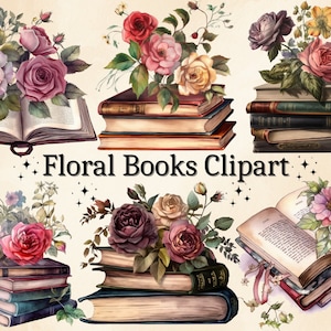 24 PNG Watercolor Floral Books Clipart, Book Bundle Clip Art, Vintage Flower Books, Library Book Stack, Old Books Clip Art, Floral Clipart