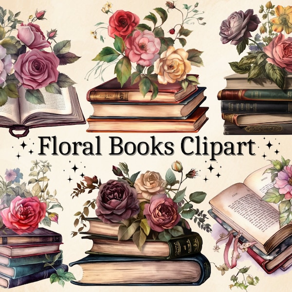 24 PNG Watercolor Floral Books Clipart, Book Bundle Clip Art, Vintage Flower Books, Library Book Stack, Old Books Clip Art, Floral Clipart