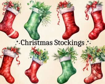 Watercolor Christmas Stocking Clipart: Holiday PNG Bundle (Digital Download)