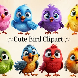 12 PNG acuarela lindo pájaro clipart, pájaros divertidos, pajaritos, PNGs de aves, pájaros coloridos, imágenes prediseñadas para niños, uso comercial, paquete PNG digital