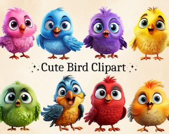 12 PNG acuarela lindo pájaro clipart, pájaros divertidos, pajaritos, PNGs de aves, pájaros coloridos, imágenes prediseñadas para niños, uso comercial, paquete PNG digital
