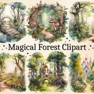 16 PNG 水彩魔法中世の森のクリップアート、楽しい魔法の森の PNG バンドル、ファンタジーの森のクリップアート、木のアート、妖精の森のクリップアート