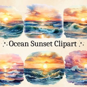 12 PNG Watercolor Ocean Sunset Clipart, Summer Clipart, Ocean Scenery, Beach Clipart, Tropical Clipart, Commercial Use, Digital PNG Bundle
