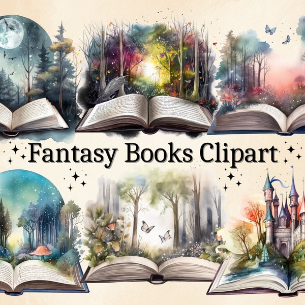 24 PNG Watercolor Fantasy Books Clipart, Magical Book Clip Art, Vintage Books Clipart, Old Book Bundle PNG, Magic Books, Enchanted Books Art