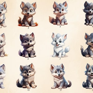 Puede incluir: Doce ilustraciones de cachorros de lobo de dibujos animados lindos en varias poses. Cada cachorro tiene un pelaje de color diferente, que va del gris al blanco. Los cachorros est&aacute;n todos sentados y mirando al espectador.