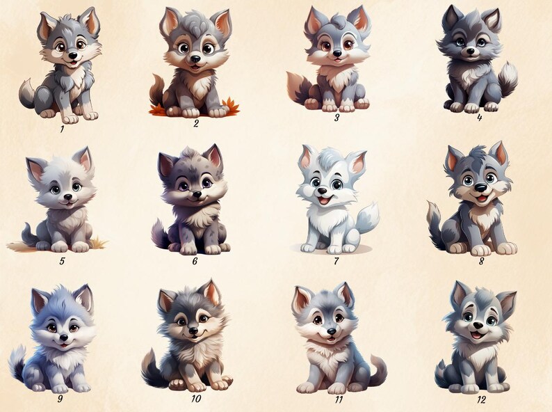 Puede incluir: Doce ilustraciones de cachorros de lobo de dibujos animados lindos en varias poses. Cada cachorro tiene un pelaje de color diferente, que va del gris al blanco. Los cachorros est&aacute;n todos sentados y mirando al espectador.