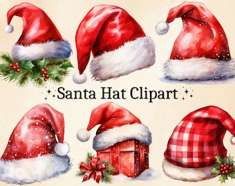 Watercolor Santa Hat Clipart: Christmas PNG Bundle (Digital Download)