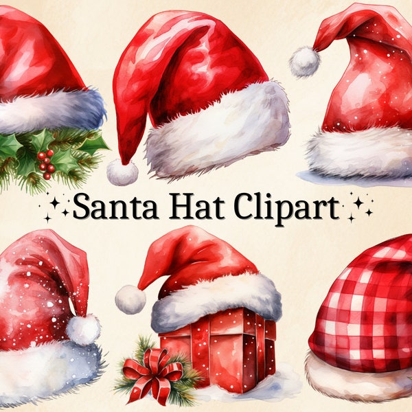 16 PNG Watercolor Santa Hat Clipart, Christmas Hat Clipart, Santa Clause Hat, Red Hat, Green Hat, Christmas Decor, Digital Bundle
