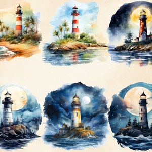 May include: Six watercolor paintings of lighthouses on islands. Each lighthouse is a different color and has a different design. The paintings are set against a background of water, sky, and clouds. Some paintings feature a full moon.