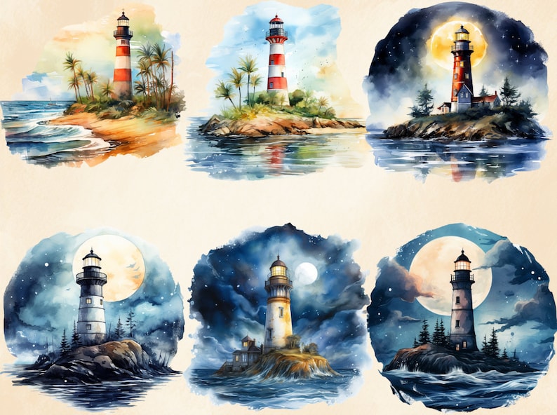 May include: Six watercolor paintings of lighthouses on islands. Each lighthouse is a different color and has a different design. The paintings are set against a background of water, sky, and clouds. Some paintings feature a full moon.