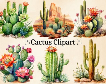 Watercolor Cactus Clipart: Desert Cacti PNG Images (Digital Bundle)