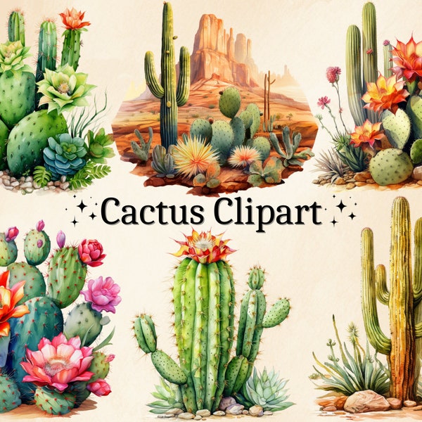 18 PNG Watercolor Cactus Clipart, Desert Cactus, Cacti Clip Art, Cactus PNG Images, Transparent, Digital Bundle