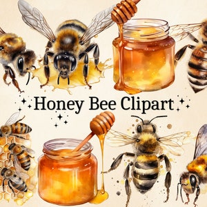 16 PNG Watercolor Honey Bee Clipart, Bee Images, Honey Jar Clipart, Honey Combs, Bee PNG, Bumble Bee Clipart, Commercial Use, Digital Bundle