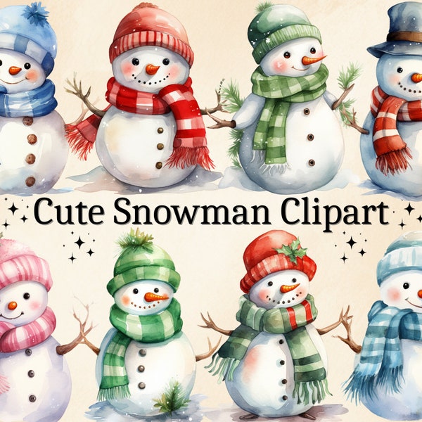 30 PNG Watercolor Cute Snowman Clipart, Christmas Clipart, Winter Clipart, Scrapbooks, Instant Download, Digital Bundle