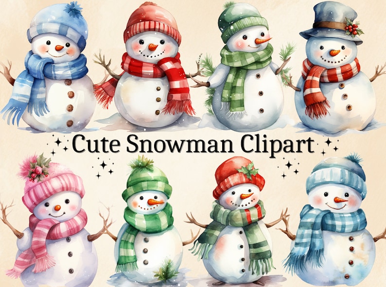 May include: A set of ten watercolour illustrations of cute snowmen with different coloured hats and scarves. The snowmen are all smiling and have black eyes and buttons. The background is a light beige colour.
