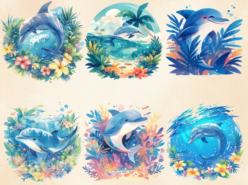 Akvarell tropisk delfin clipart: Havsdjur PNG-paket (digital nedladdning) bild 4
