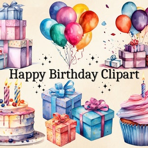 21 PNG aquarela feliz aniversário clipart, pacote de clipart de aniversário infantil, clipart de balões, clipart de presente, clipart de festa, bolo, clipart de aniversário