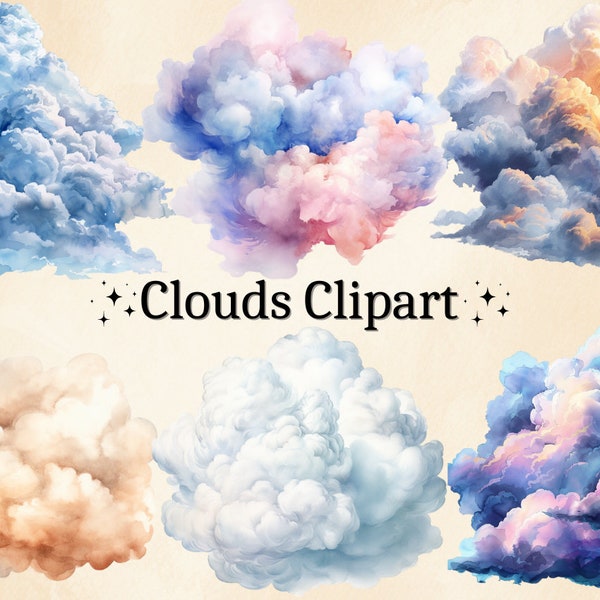 20 PNG Watercolor Clouds Clipart, Blue Clouds, Cloudy Graphics, Sky Cloud Clip Art, Transparent, Digital Bundle, Commercial Use