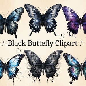 12 PNG Aquarell schwarzer Schmetterling Clipart, schwarze Schmetterlinge, gotische Schmetterlinge, PNG transparente Bilder, kommerzielle Nutzung, digitales Bündel