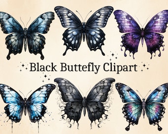 Watercolor Black Butterfly Clipart: Gothic PNG Images (Commercial Use)