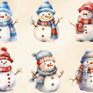 May include: Six watercolour illustrations of snowmen with different coloured hats and scarves. The snowmen are all smiling and have a carrot nose. They are all standing on a light brown background.