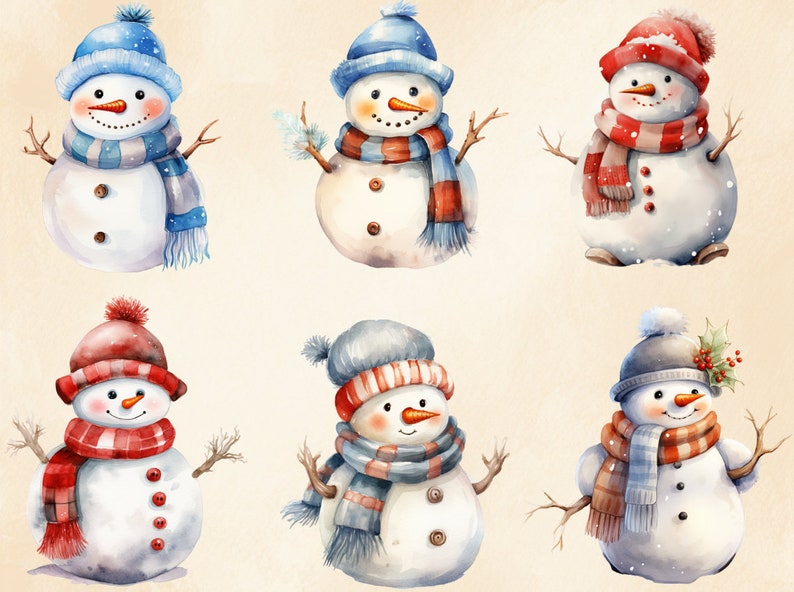 May include: Six watercolour illustrations of snowmen with different coloured hats and scarves. The snowmen are all smiling and have a carrot nose. They are all standing on a light brown background.
